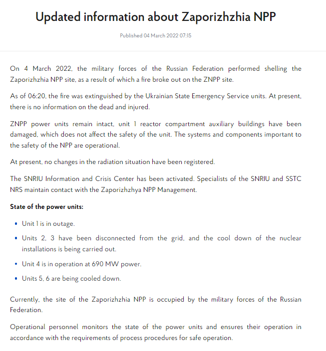 Ukraine State Inspectorate for Nuclear Regulation confirms the site Zaporizhzhia Nuclear Power Plant is occupied by the military forces of the Russian Federation