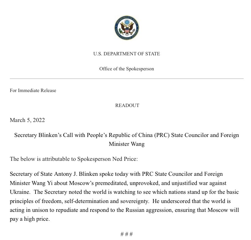 There's been a phone call between @SecBlinken and the foreign minister of China about the Ukraine Invasion