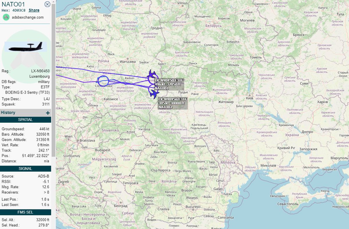 Two NATO E-3A Sentry radar aircraft are currently operating over SE Poland, the edge of NATO airspace. Their task is to monitor air traffic
