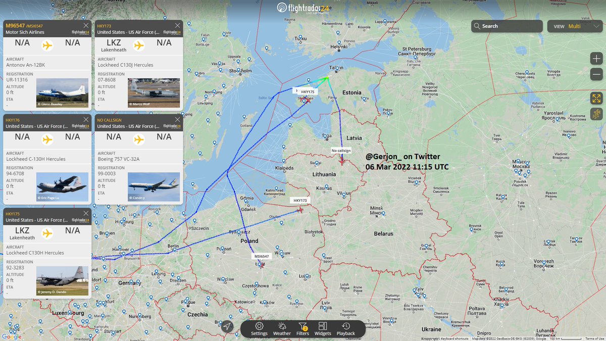 A busy morning for the people at Estonia Ämari Air Base in Estonia, with three recent departures and two suspected upcoming arrivals, including a VIP United States Air Force VC-32A and a Motor Sich An-12 (likely carrying weaponry for flag-Ukraine)
