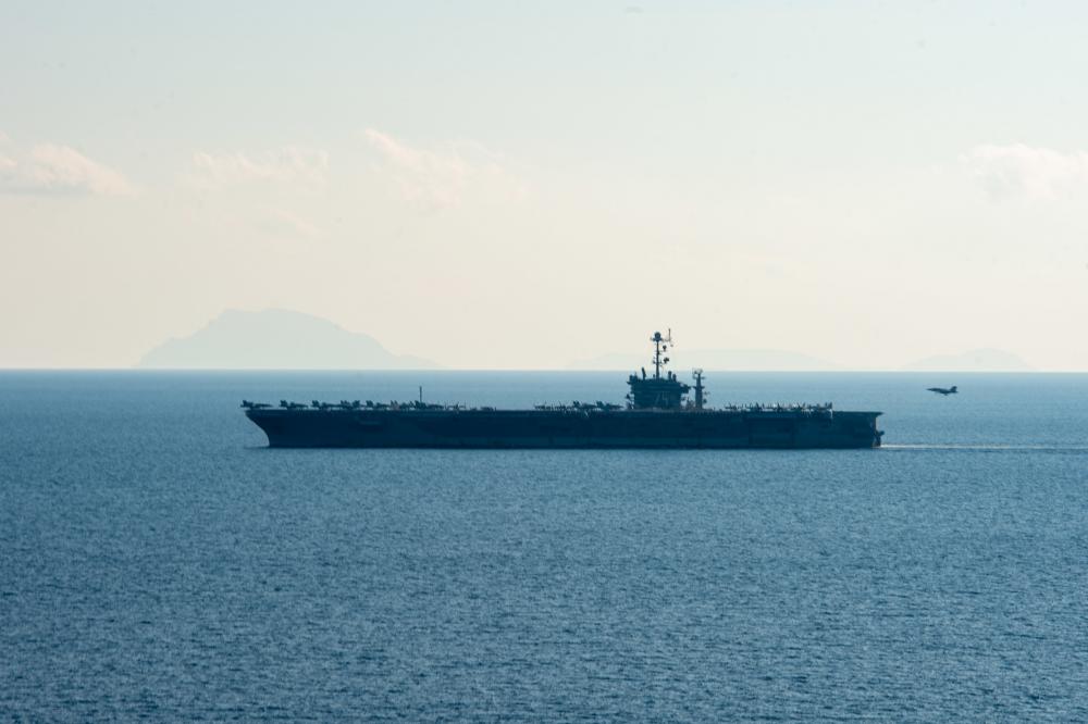 USS Harry S. Truman in North Aegean Sea. In the background Samothrace and Imvros islands