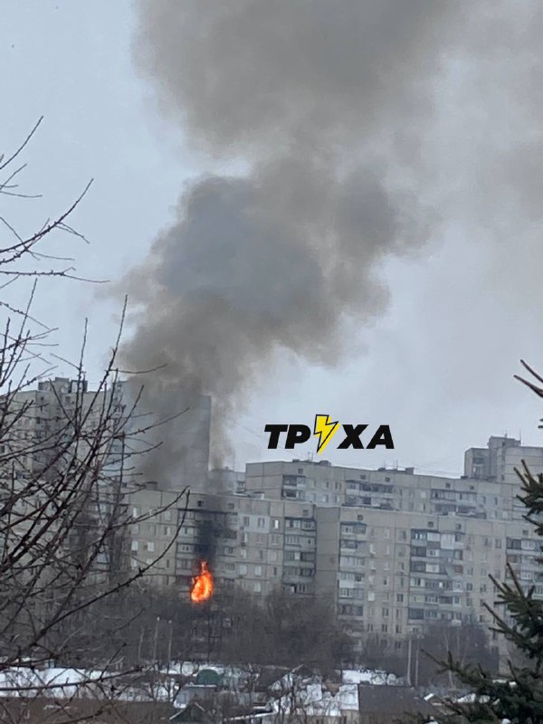 Residential apartments block is on fire at Krasnodarska street in Kharkiv after shelling