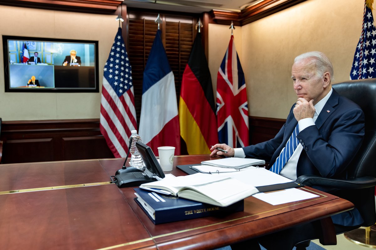 .@POTUS held a secure video call today with President Macron, Chancellor Scholz, and Prime Minister Johnson.  The leaders affirmed their determination to continue raising the costs on Russia for its unprovoked and unjustified invasion of Ukraine