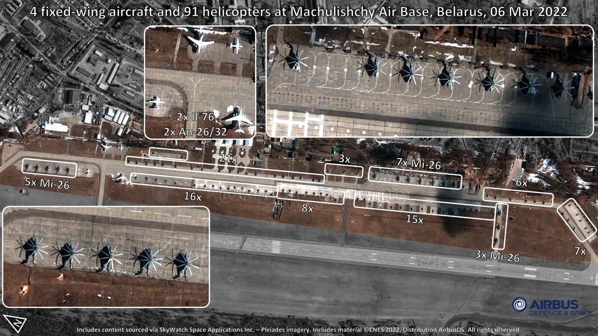 4 fixed-wing aircraft (likely Belarussian) and 91  helicopters at Machulishchy Air Base in Belarus, yesterday 06 Mar 2022. The amount of helicopters, including 15x Mi-26, vastly exceed the size of the flag-Belarus Air Force, so they are likely Russian