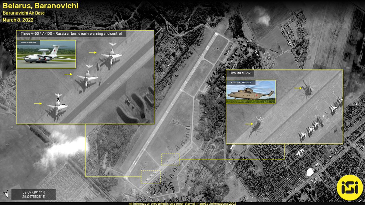 New imagery from Baranovichi air base reveals the arrival of another A50 / A100 AWACS to the air base (in addition to those we revealed on March 6th) and 2 Mil Mi-26 helicopters
