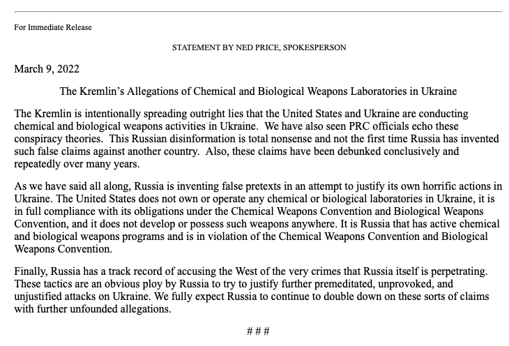 The Kremlin is intentionally spreading outright lies that the United States and Ukraine are conducting chemical and biological weapons activities in Ukraine.  We have also seen PRC officials echo these conspiracy theories, says @StateDeptSpox, mirroring White House language