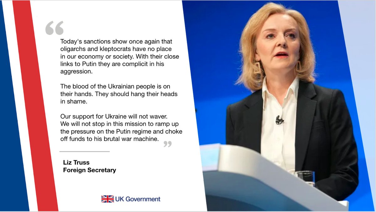 Liz Truss:I have announced a full asset freeze and travel ban on seven more of Russia's wealthiest and most influential oligarchs, including Abramovich and Deripaska. Also: Sechin, Lebedev, Miller, Kostin and Tokarev