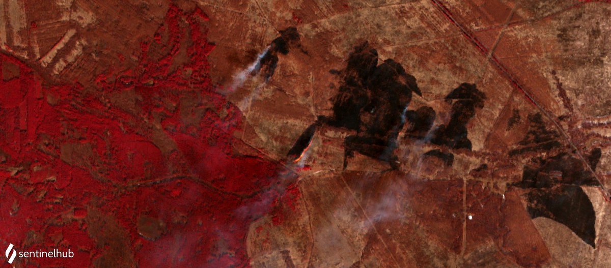 Large fire spotted in the west part of the Chornobyl Exclusion Zone, on March 11, 2022 with Sentinel-2. Part of the fire seems to be burning down a forest