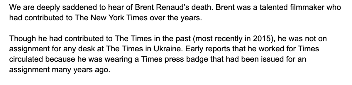 Response from a New York Times spokesperson in regard to the death of Brent Renaud in Ukraine