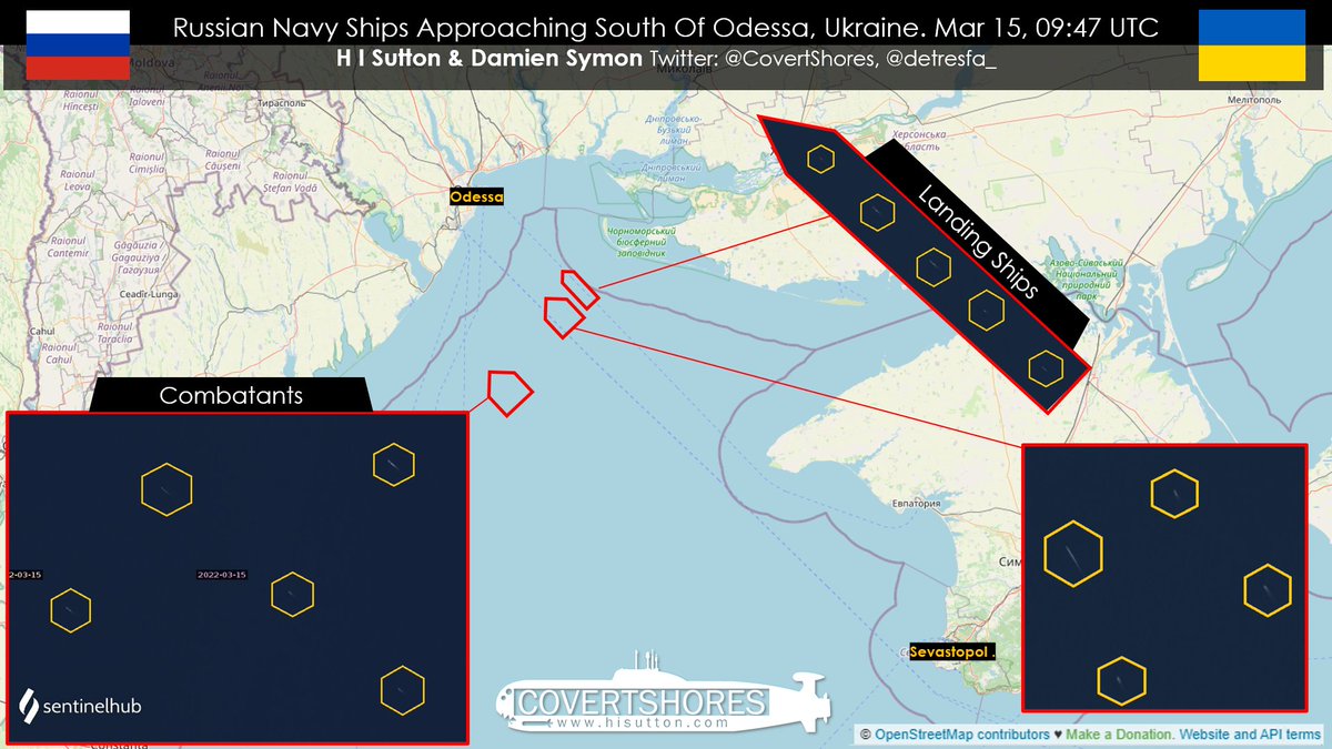 Substantial Russian Navy force, including landing ships, advancing on Odessa area today. Seen 09:47 UTC in satellite imagery