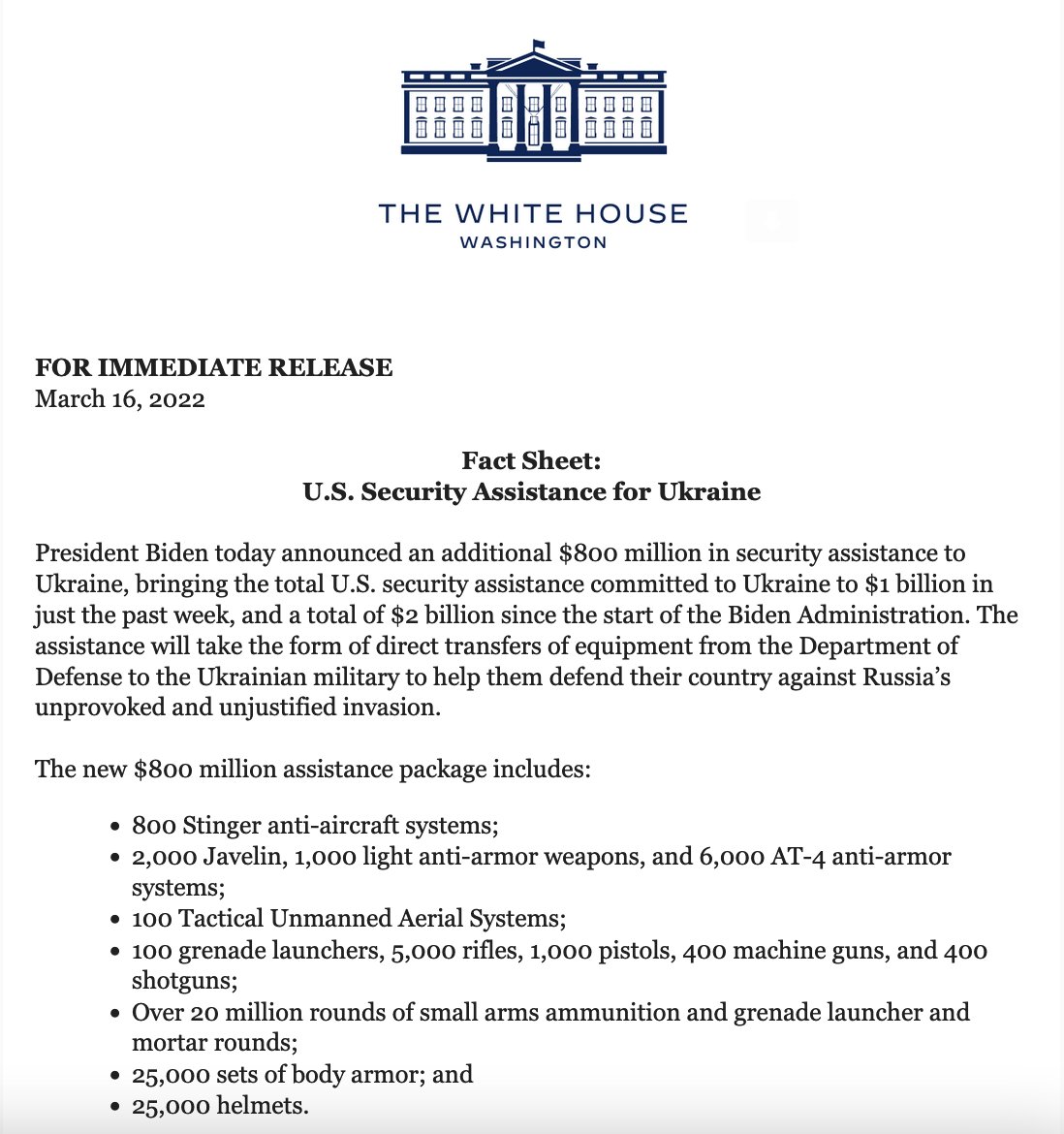 White House on the new $800 million assistance package