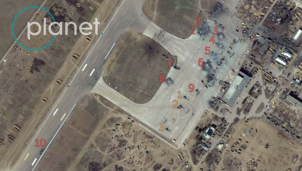 Satellite imagery captured by @Planet on March 16th gives us the best picture of the aftermath of the Kherson Airbase strikes. It shows 10 helicopters were likely destroyed in the attack, with an additional three likely being inoperable from damage