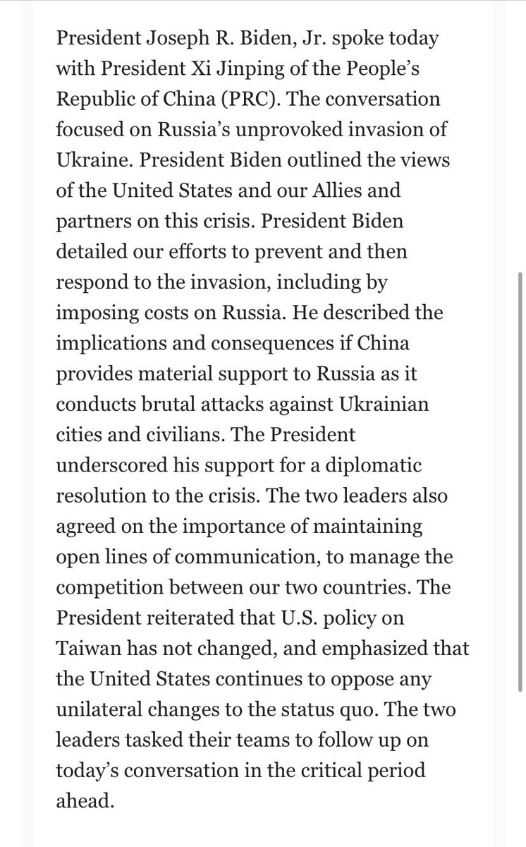 White House says President Biden in call with President Xi Jinping described the implications and consequences if China provides material support to Russia as it conducts brutal attacks against Ukrainian cities and civilians
