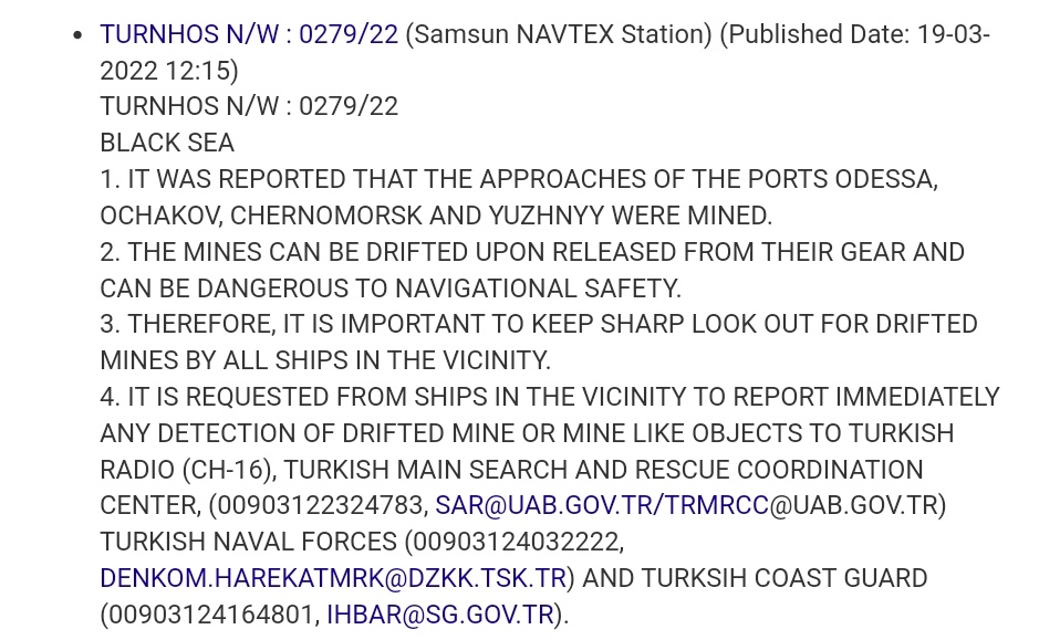 On drifting mines in the Black Sea, the Turkish and the NAVAREA 3 NAVWARNs issued