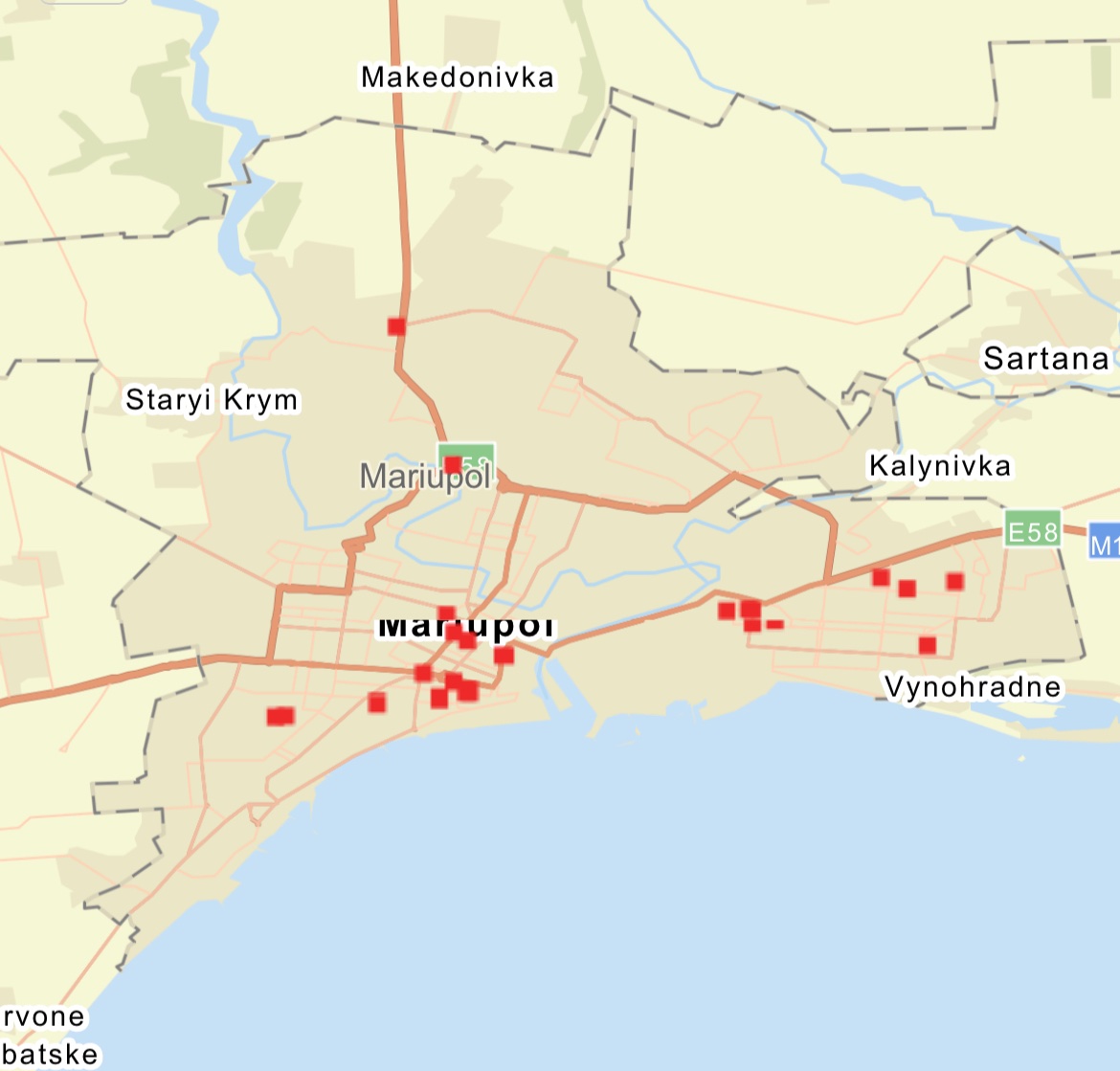 Fires detected by NASA's FIRMS in the last 24 hours near Kyiv, Chernihiv, and Mariupol