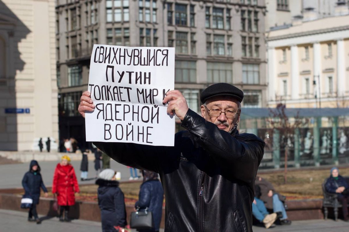 A man was detained in Moscow with a sign saying Crazy Putin is pushing the world into nuclear war