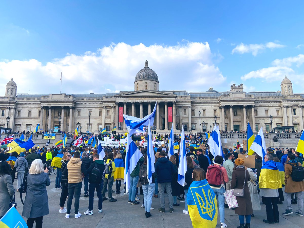 In Trafalgar Square, London, UK, several thousand people are at a protest rally in support of Ukraine