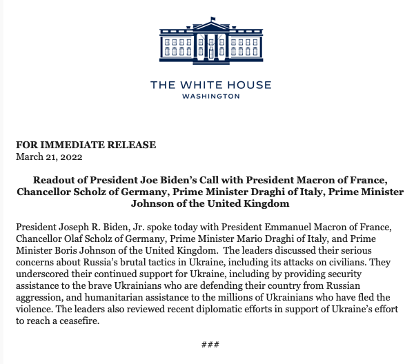 President Biden had a call with the leaders of UK, France, Germany and Italy from 11:14 am ET to 12:12 pm ET, according to the @WhiteHouse