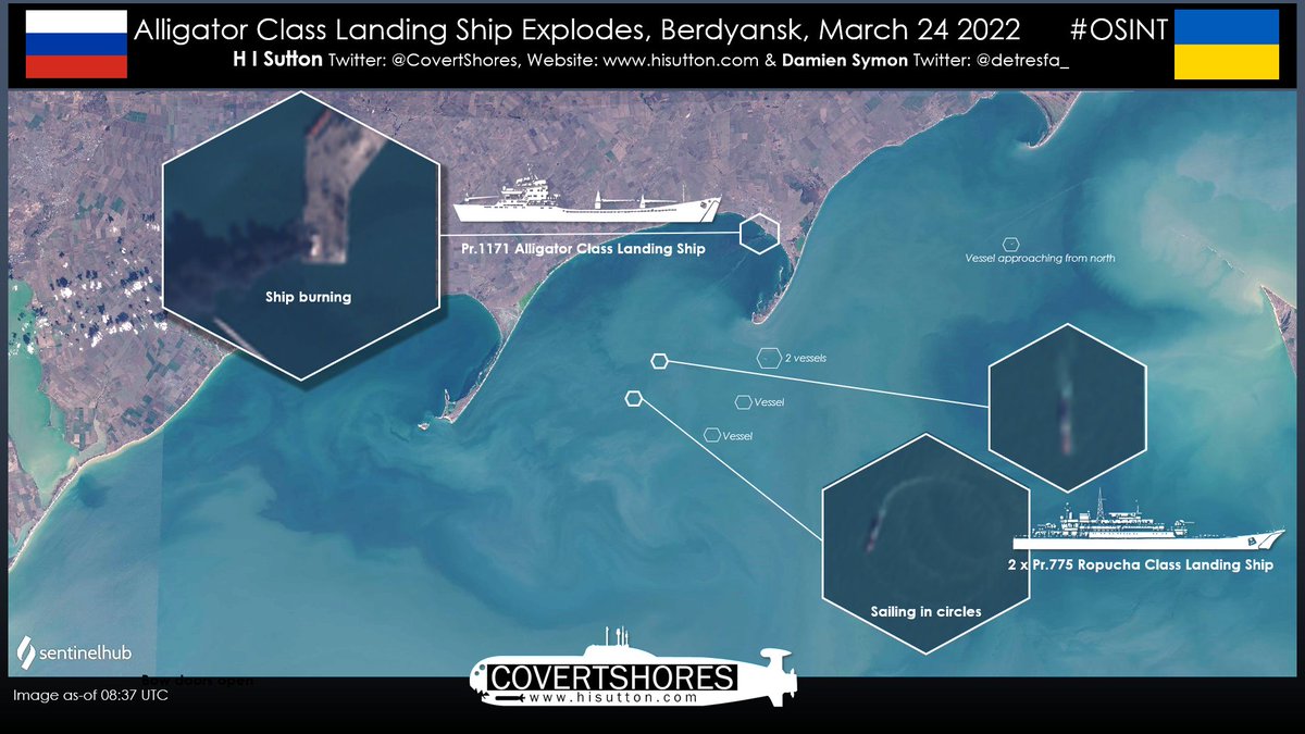 Burning Russian Landing Ship at Berdiansk  visible in satellite imagery from earlier today.  Also visible are the two other Ropucha class landing ships, one sailing in circles. Various tugs and smaller craft rushing around