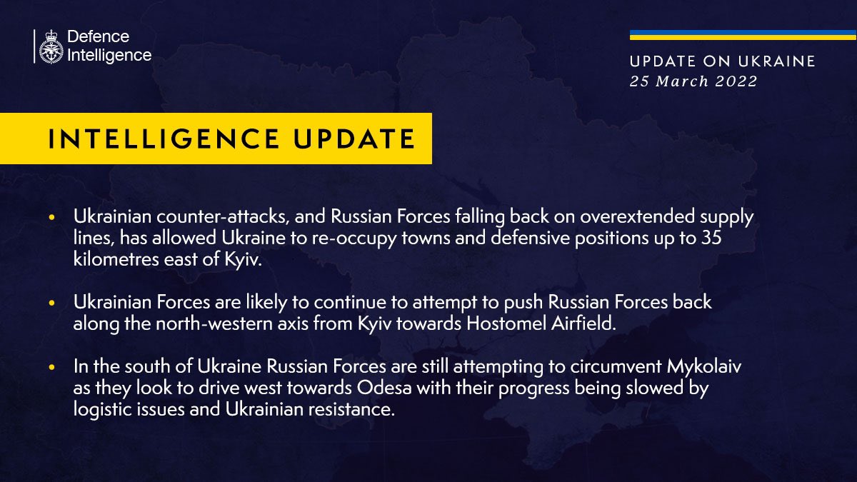 UK Defense Ministry says Ukraine seized towns and positions up to 35 kilometres east of Kyiv after counter-attacks and Russians falling back on overextended supply lines