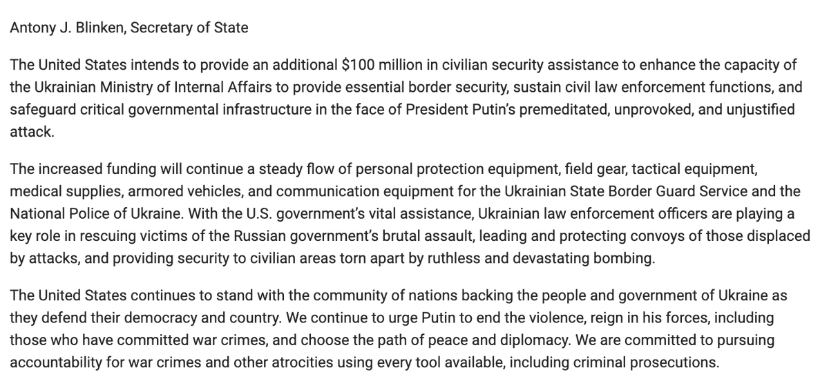 .@SecBlinken announces the US will provide an additional $100 million in civilian security assistance to enhance the capacity of the Ukrainian Ministry of Internal Affairs