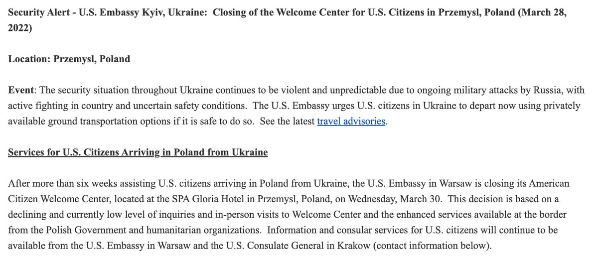 New message from @USEmbassyKyiv: After more than six weeks assisting U.S. citizens arriving in Poland from Ukraine, the U.S. Embassy in Warsaw is closing its American Citizen Welcome Center on Wednesday, March 30. Decision is based on declining inquiries and in-person visits