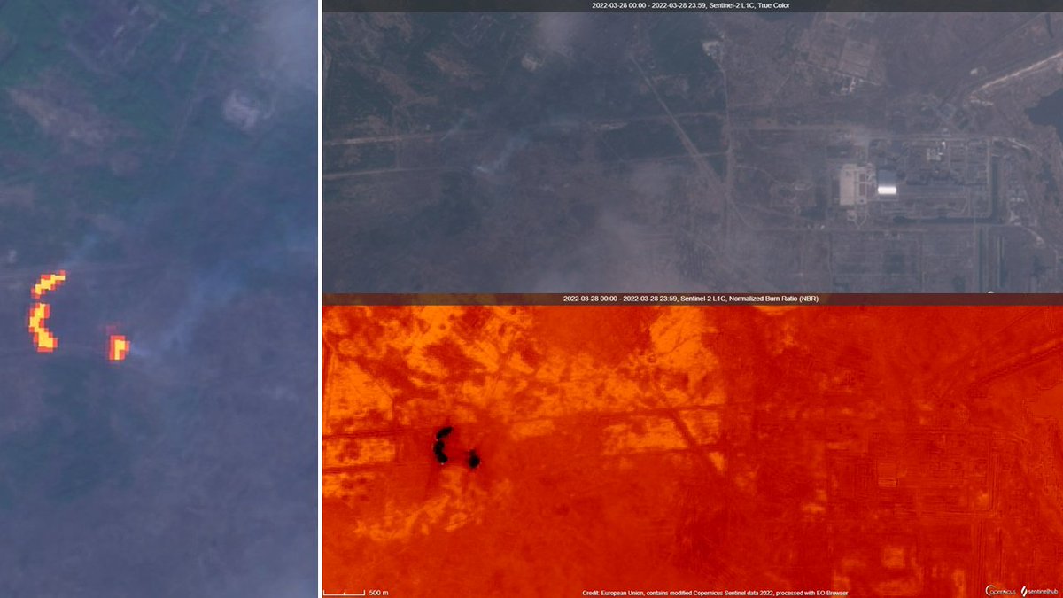 Satellite imagery from today shows ongoing fires ~4km to the west of the Chernobyl Nuclear Power Plant