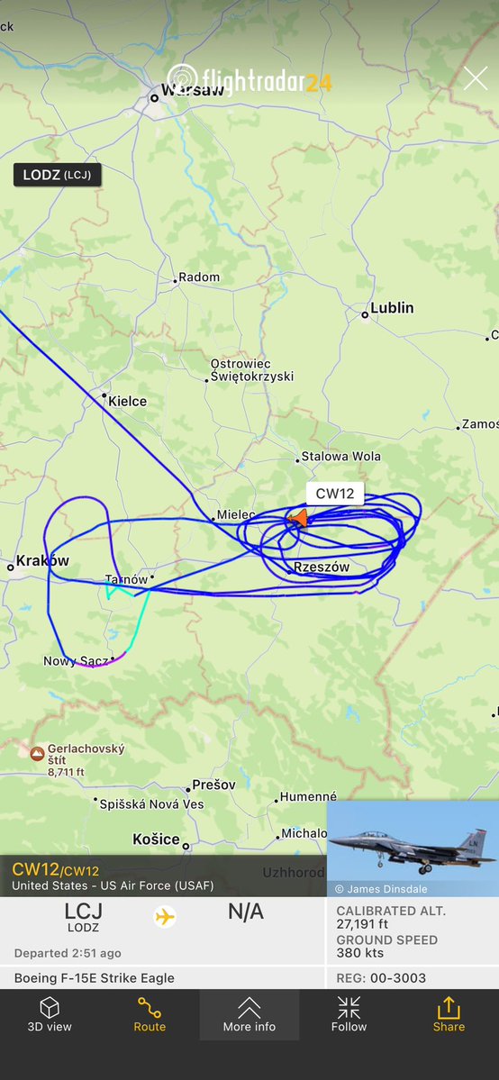 A U.S Air Force F-15E Strike Eagle CW12 along with whatever Aircraft are flying along with it is continuing to make Rounds near the Polish-Ukrainian Border and the NATO Base in Rzeszow as it has for over 2 Hours now, at points getting within 9 Miles from the Ukrainian Border