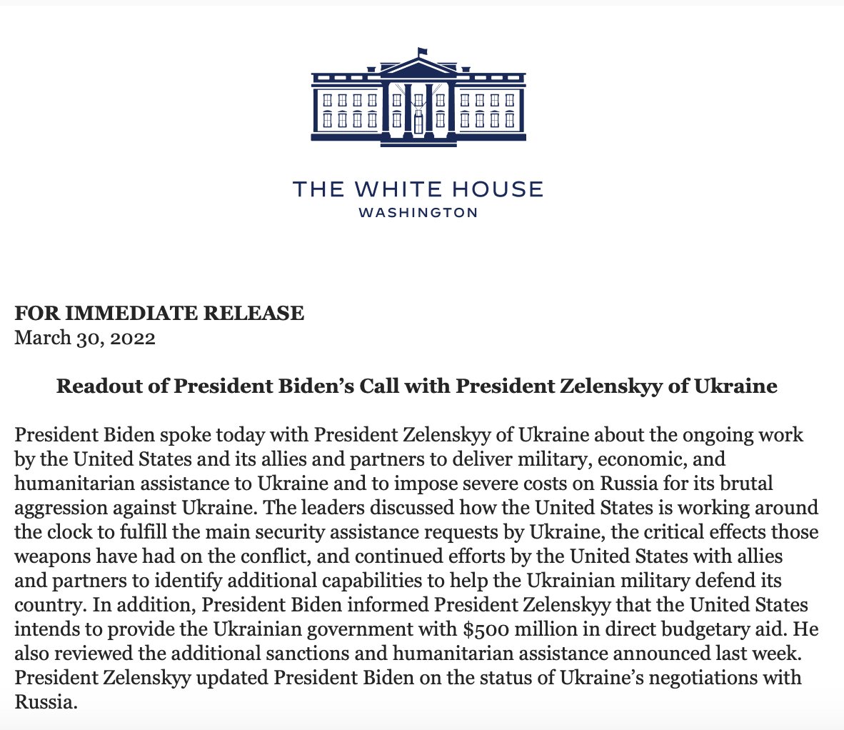 Biden informed Zelenskyy that the US intends to provide Ukraine with an additional  $500 million in aid