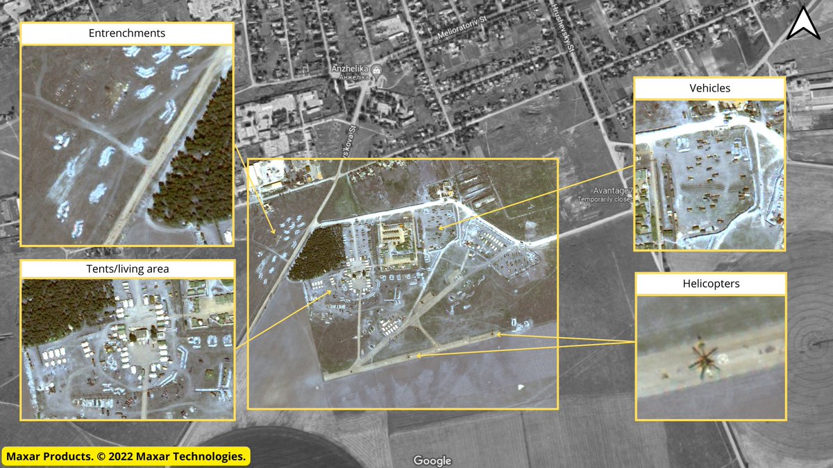 Satellite imagery from @Maxar shows Russian forces have established a camp in Ukraine at Chaplynka airfield, Kherson Oblast. Helicopters and vehicles have been deployed to the camp and entrenchments have been dug