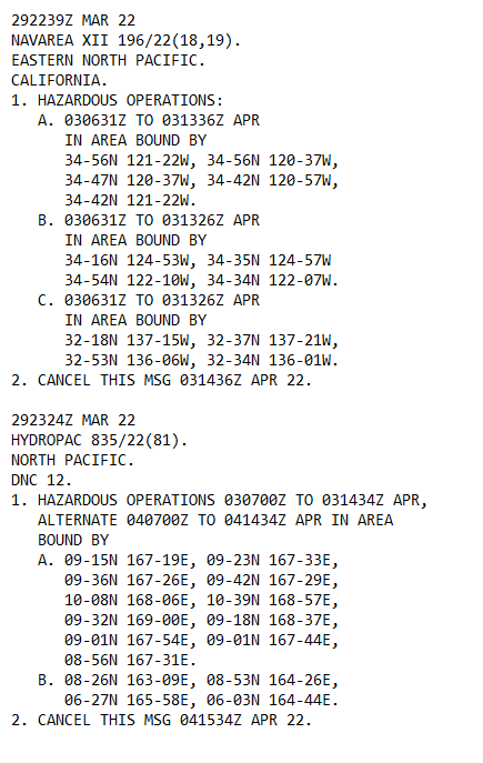 Looks like the US Minuteman III ICBM test launch from Vandenberg that was postponed on March 3 because of Ukraine war tensions, is back in the books again for April 3, based on these Navigational Warnings that have appeared