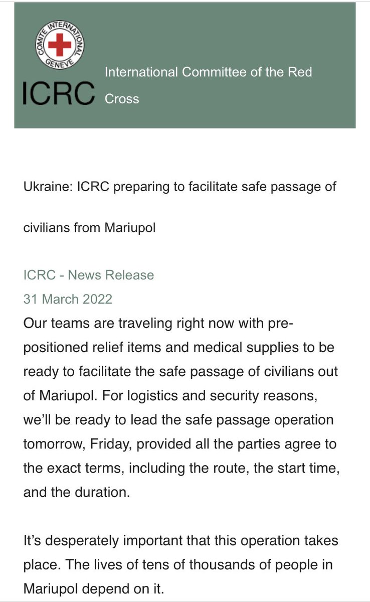 Our teams are traveling right now with pre-positioned relief items and medical supplies to be ready to facilitate the safe passage of civilians out of Mariupol, says @ICRC