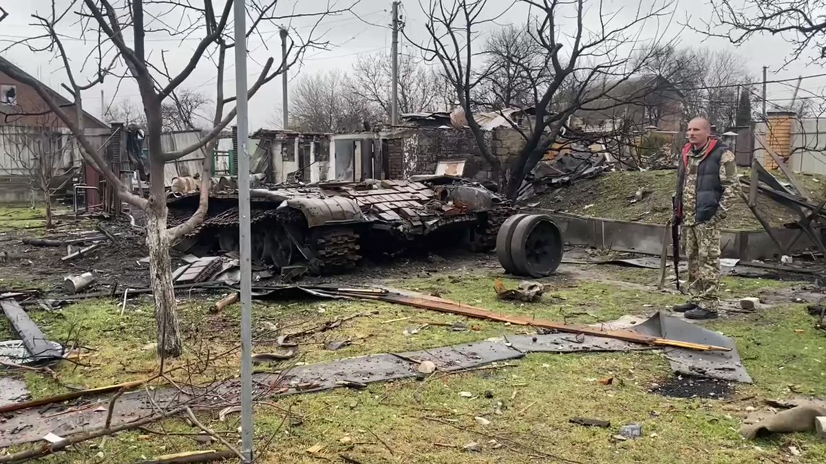 Burnt Russian tank in Velyka Dymerka, Brovary