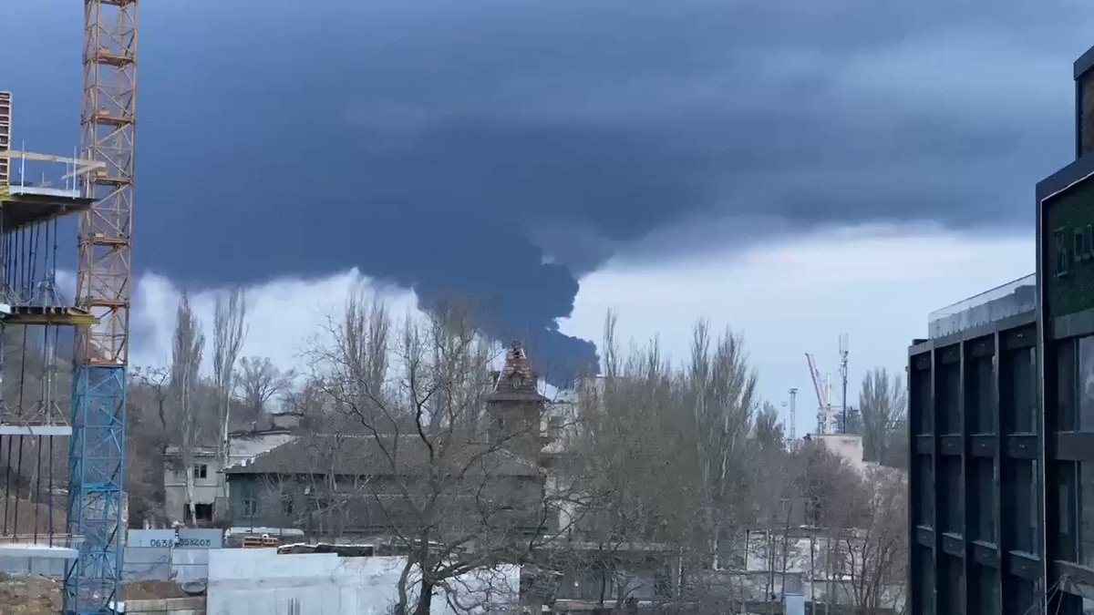 Black smoke billows into the sky above Odesa, after a series of loud explosions were heard this morning about 0600