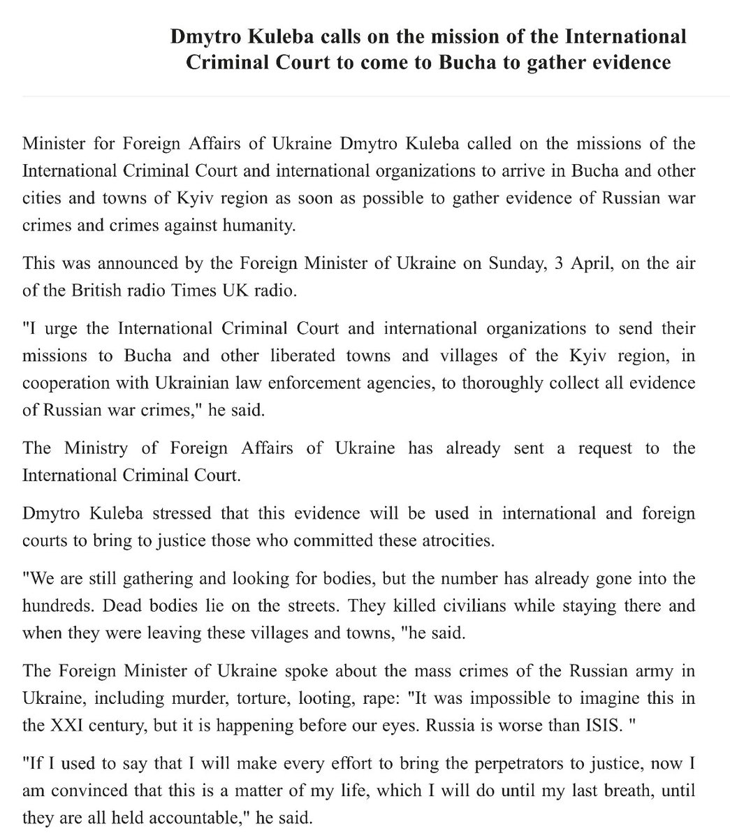 Ukraine Foreign Minister @DmytroKuleba says it'll be his mission in life to bring to justice the Russians responsible for atrocities committed in Kyiv region. It was impossible to imagine this in the XXI century, but it is happening before our eyes. Russia is worse than ISIS