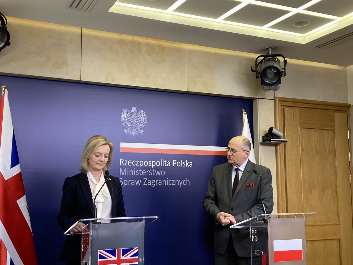 Poland's FM @RauZbigniew after a meeting with UK FM @trussliz: Russia has completely lost all credibility. A country that commits war crimes should be isolated on the international area, punished an held accountable. We are in favor of severe sanctions against Russia