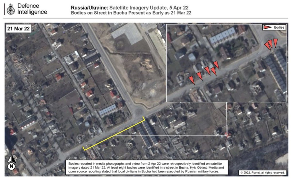 Britain's @DefenceHQ intel releases satellite imagery of Buca Ukraine. Imagery dated 21 March 2022 shows at least 8 bodies identified lying in a street in Bucha. Bucha was occupied by the Russian armed forces until 31 March 2022