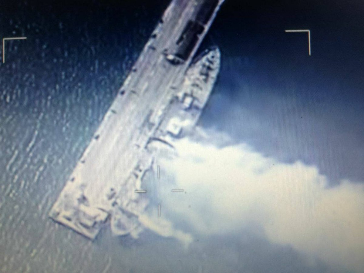 Images emerge showing Ukrainian Navy Pr.304 Amur Class command ship 'Donbas' (U-500) on fire in Marioupol, Ukraine. Vessel has been there several years