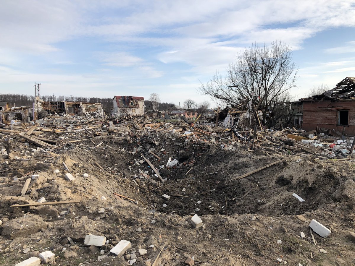 This is results of carpet bombing of Novoselovka village near Chernihiv. Houses have been destroyed by russian aerial bombs to the ground. Many civilians was killed