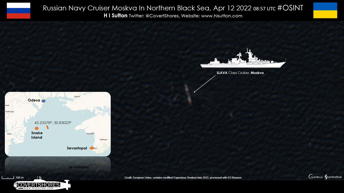 Possibly last image of Moskva before the attack.  The Russian frigate Admiral Essen was also out active in the area