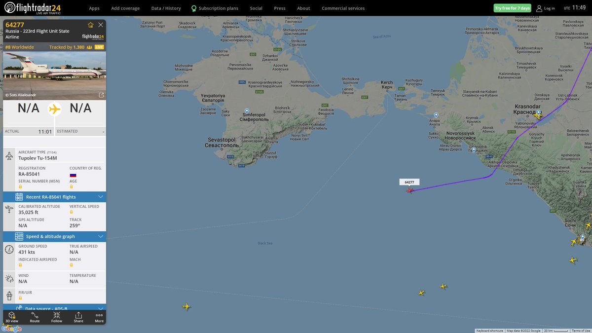 Russian Air Force Tupolev Tu-154M RA-85041 en route to Crimea