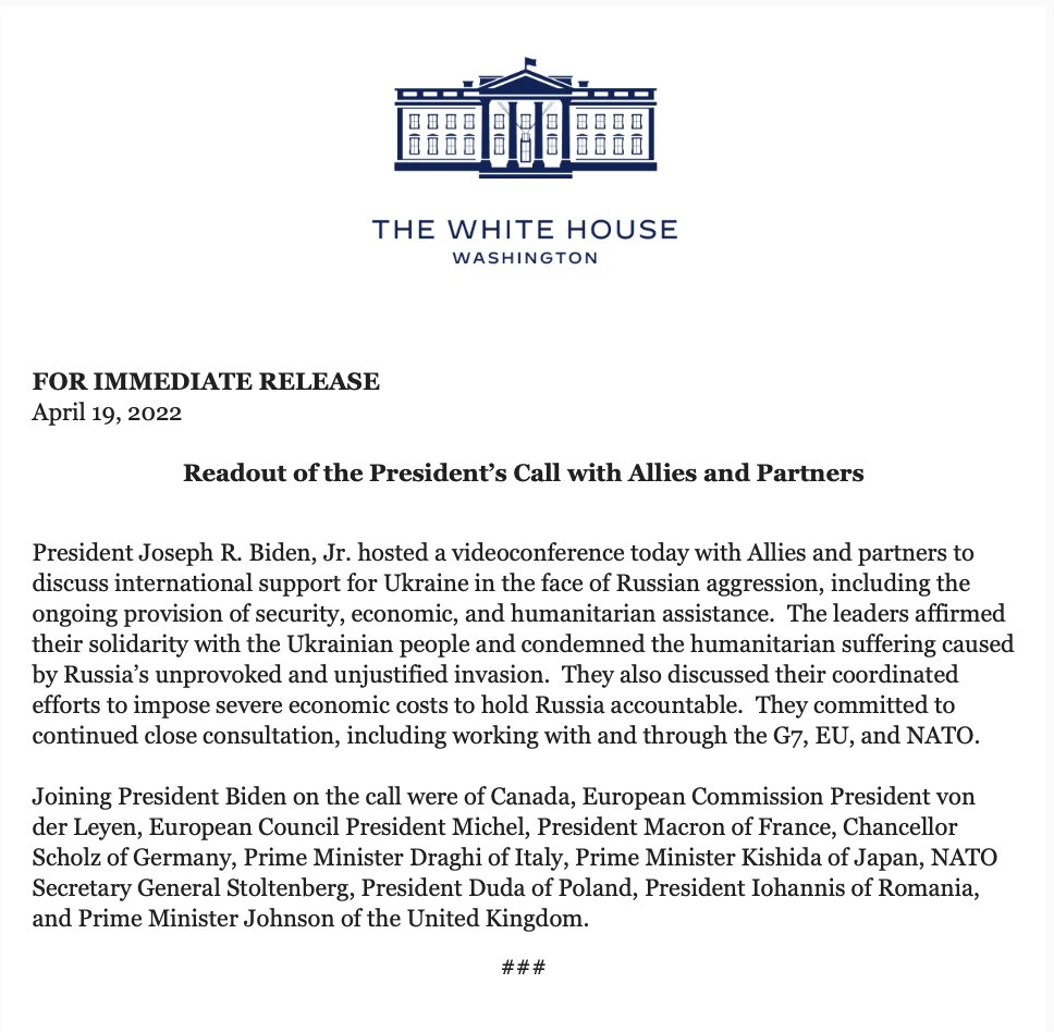 Readout from the @WhiteHouse of the @POTUS call about the war in Ukraine