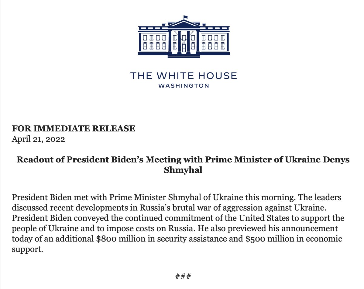 Readout from the @WhiteHouse of @POTUS meeting today with @Denys_Shmyhal
