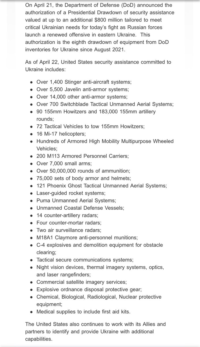 Full list of @DeptofDefense weapons shipments to Ukraine