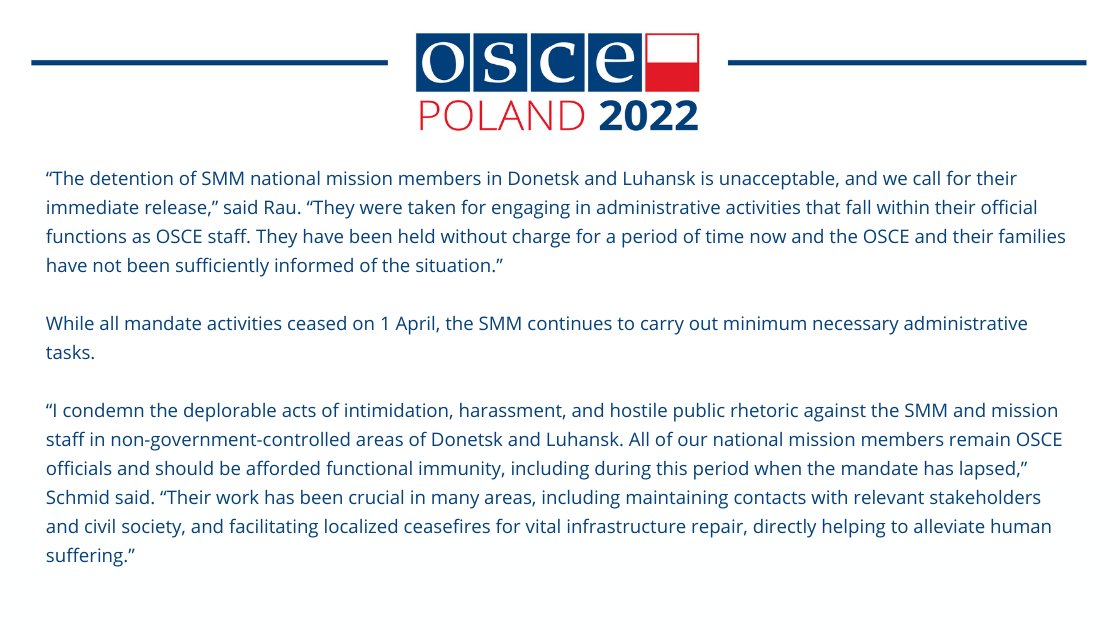 OSCE Chairman-in-Office @RauZbigniew and OSCE Secretary General @HelgaSchmid_SG call for the release of four national members of the @OSCE_SMM detained in non-government-controlled areas of Donetsk and Luhansk