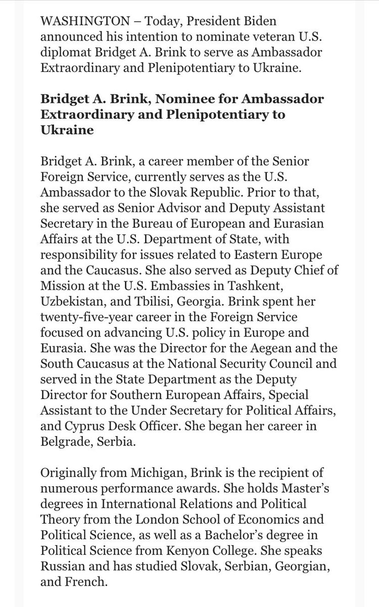 President Biden has nominated US diplomat Bridget Brink as Ambassador to Ukraine