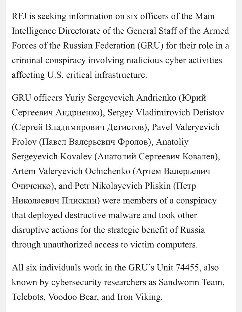 The U.S. is offering a $10 million reward for information leading to the capture of 6 Russian hackers responsible for 2017 NotPetya malware that took Chernobyl's radiation monitoring system offline.  All 6 are members of a top GRU hacking unit