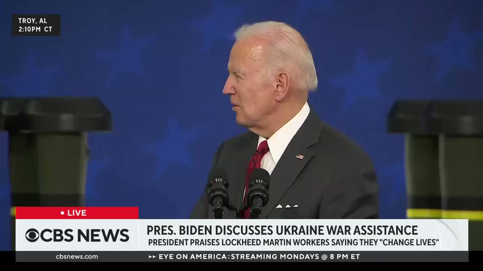 President Biden tells workers at a Lockheed Martin facility where Javelin anti-tank missiles are made:  You're making it possible for the Ukrainian people to defend themselves, without us having to risk getting into a third world war by sending American soldiers