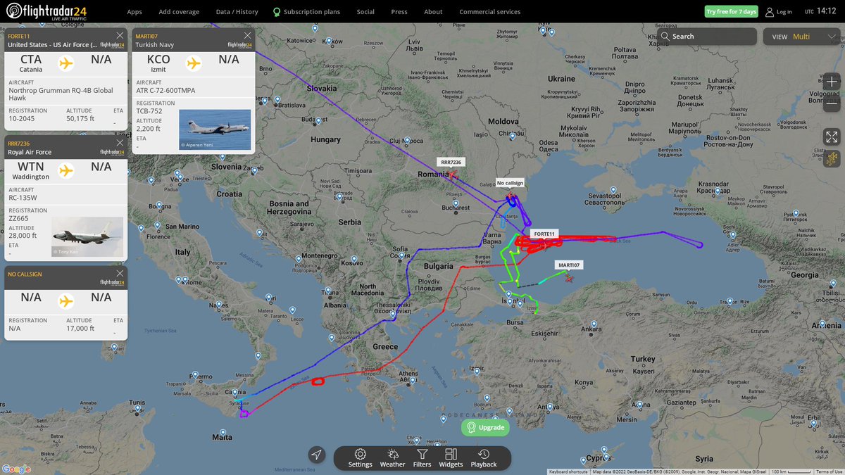 Reconnaissance of allies over Black Sea: US Navy P8 Poseidon AE681B; Turkish Navy ATR C-72-600TMPA MARTI07; RAF RC-135W Rivet Joint RRR7236; USAF RQ4 Global Hawk FORTE11