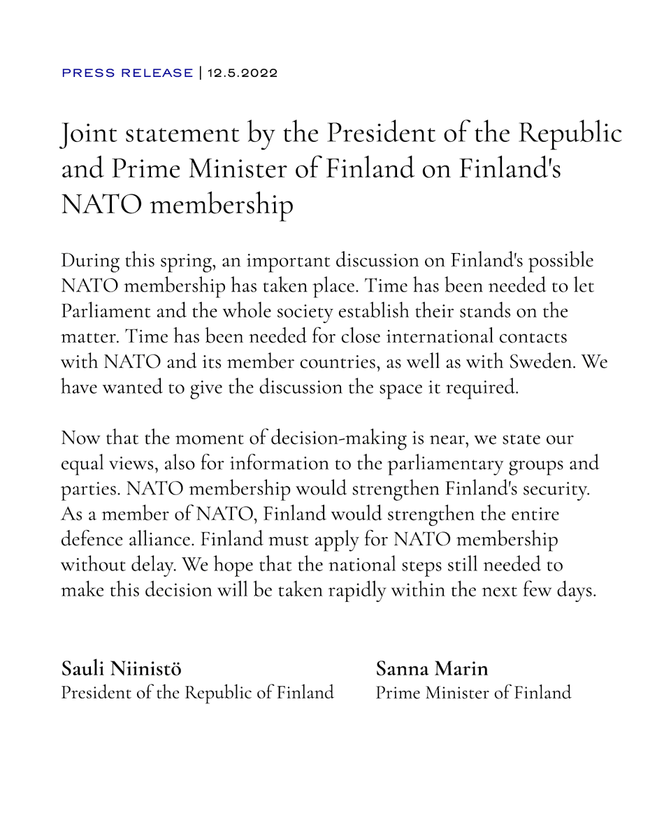 Joint statement by the President of the Republic and Prime Minister of Finland on Finland's NATO membership: Finland must apply for NATO membership without delay